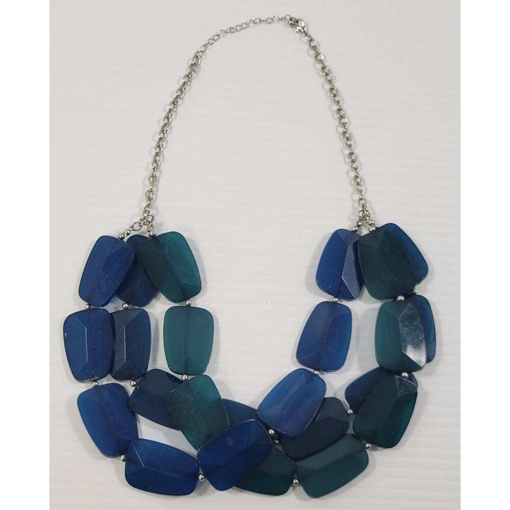 *L33) Layered 3 Strand Blue Flat Bead Costume Jewelry Necklace Chain - Picture 5 of 8
